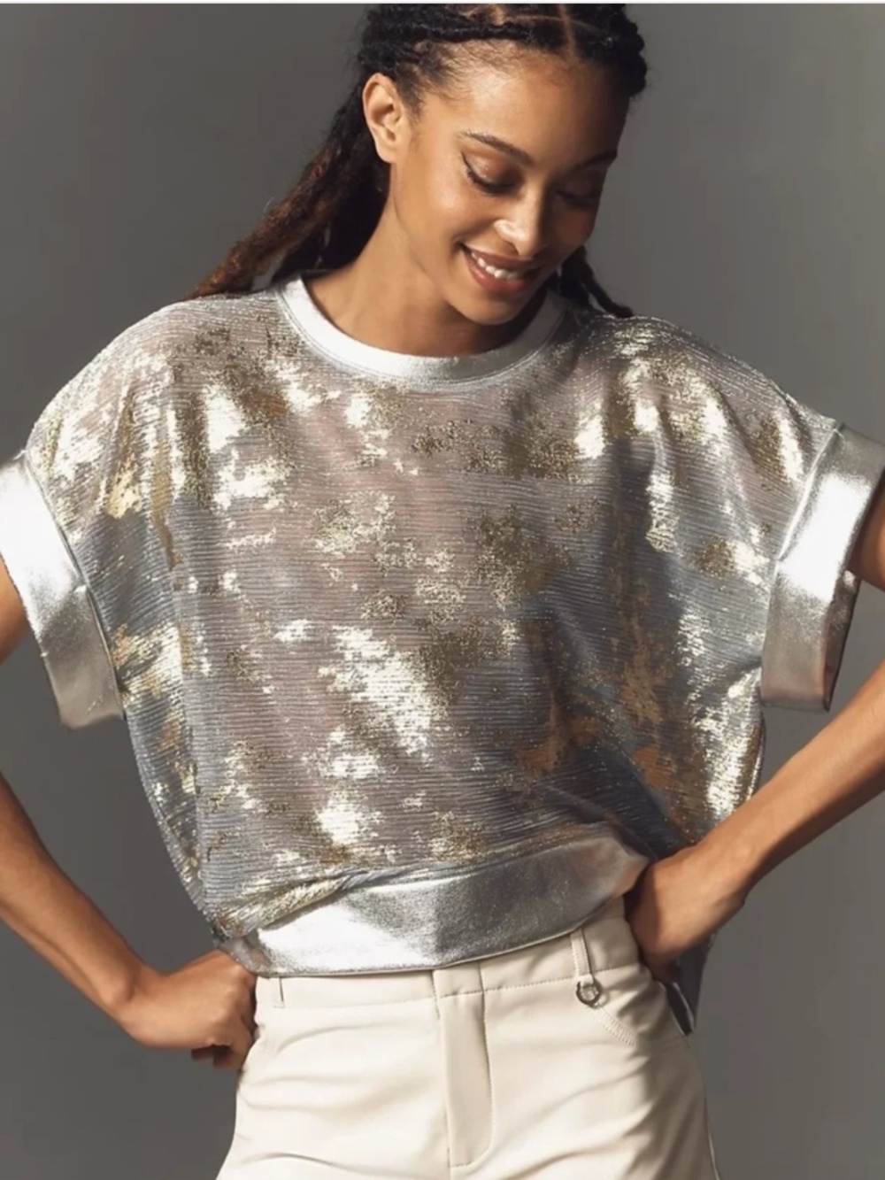 Anthropologie Pilcro Shine Shell Top Blouse Silver Gold Metallic Size Small